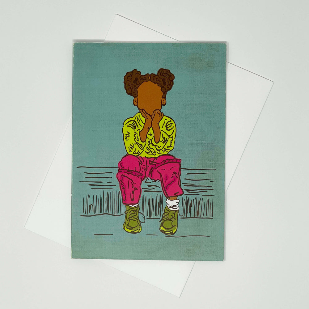Greeting Card of a little girl sitting and thinking. Flat lay