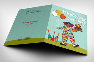 Birthday Card with a Clown holding a cake and balloons, by creative allure