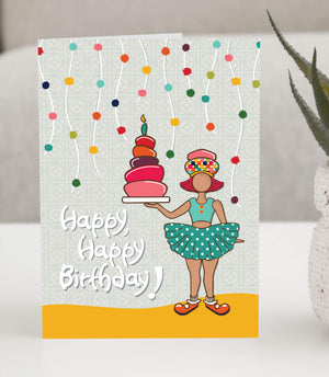 Birthday Card, girl hold a tiered cake with a lit candle.