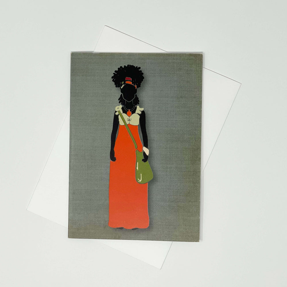 Flat lay greeting card of a standing lady with over-the-shoulder bag.