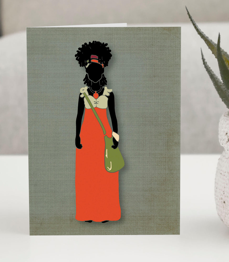 Greeting card of a lady standing with over-the-shoulder bag.