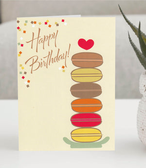 Birthday-Card-with-macarons-stacked-on-a-plate-with-a-heart-on-top