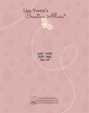 Baby girl greeting card with a soft pink background back cover.