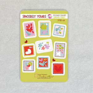 Sincerely Yours 4x6 sticker sheet featuring whimsical postage stamp designs with florals, hearts, and love motifs. Great for planner decorating, Valentine’s crafts, and paper crafting. Creative Allure handmade stickers.