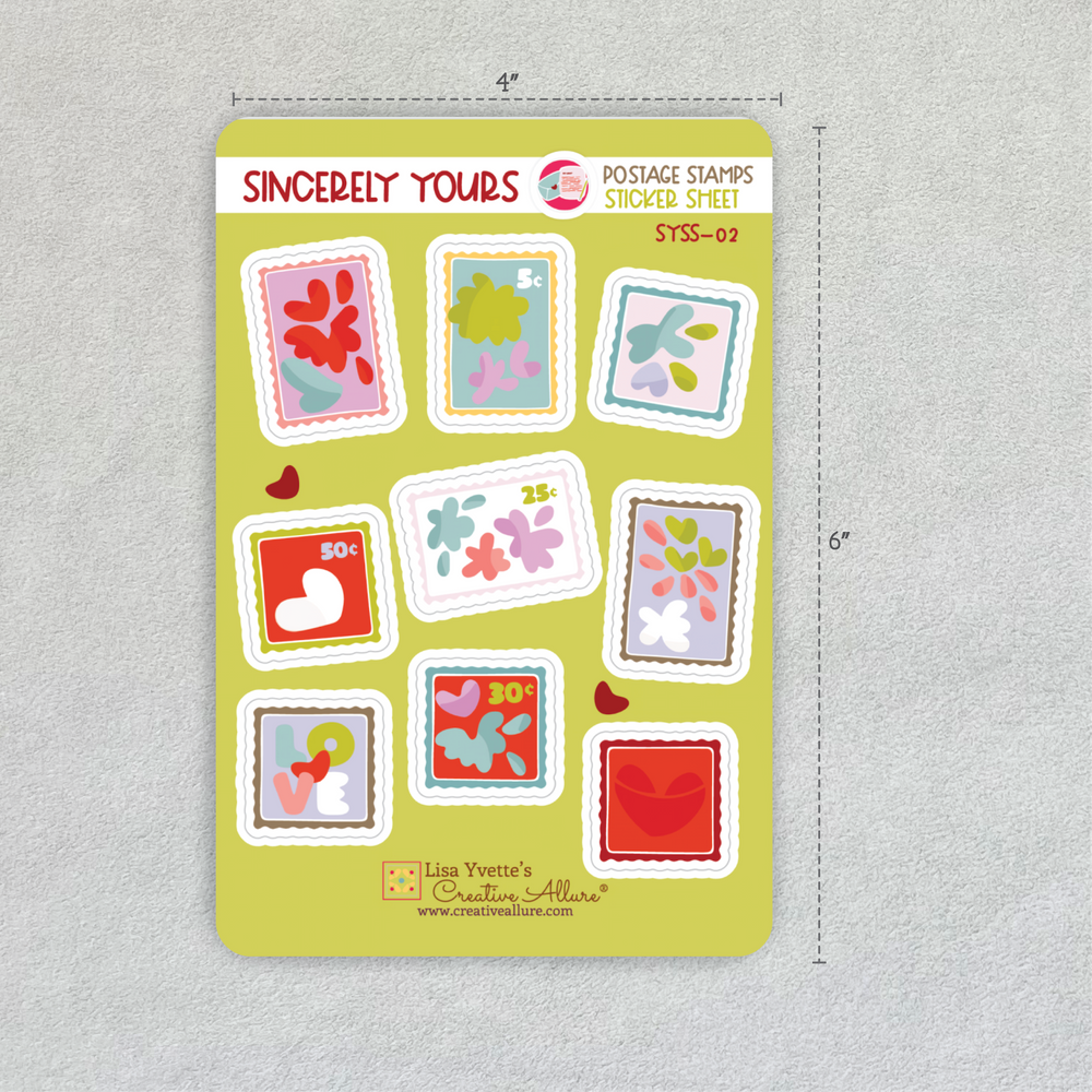 Size reference image for Sincerely Yours postage stamp sticker sheet, showing 4x6 inch dimensions. Creative Allure stationery.