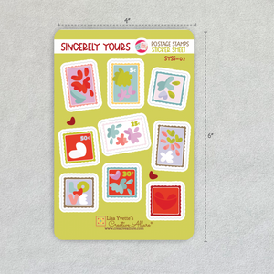 Size reference image for Sincerely Yours postage stamp sticker sheet, showing 4x6 inch dimensions. Creative Allure stationery.