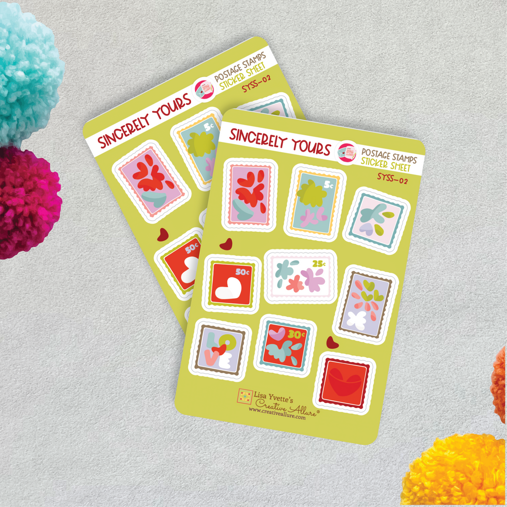 Flat lay of two Sincerely Yours postage stamp sticker sheets with illustrated stamps in pastel colors, featuring hearts, flowers, and love-themed designs. Perfect for crafters and paper lovers. Creative Allure stationery.