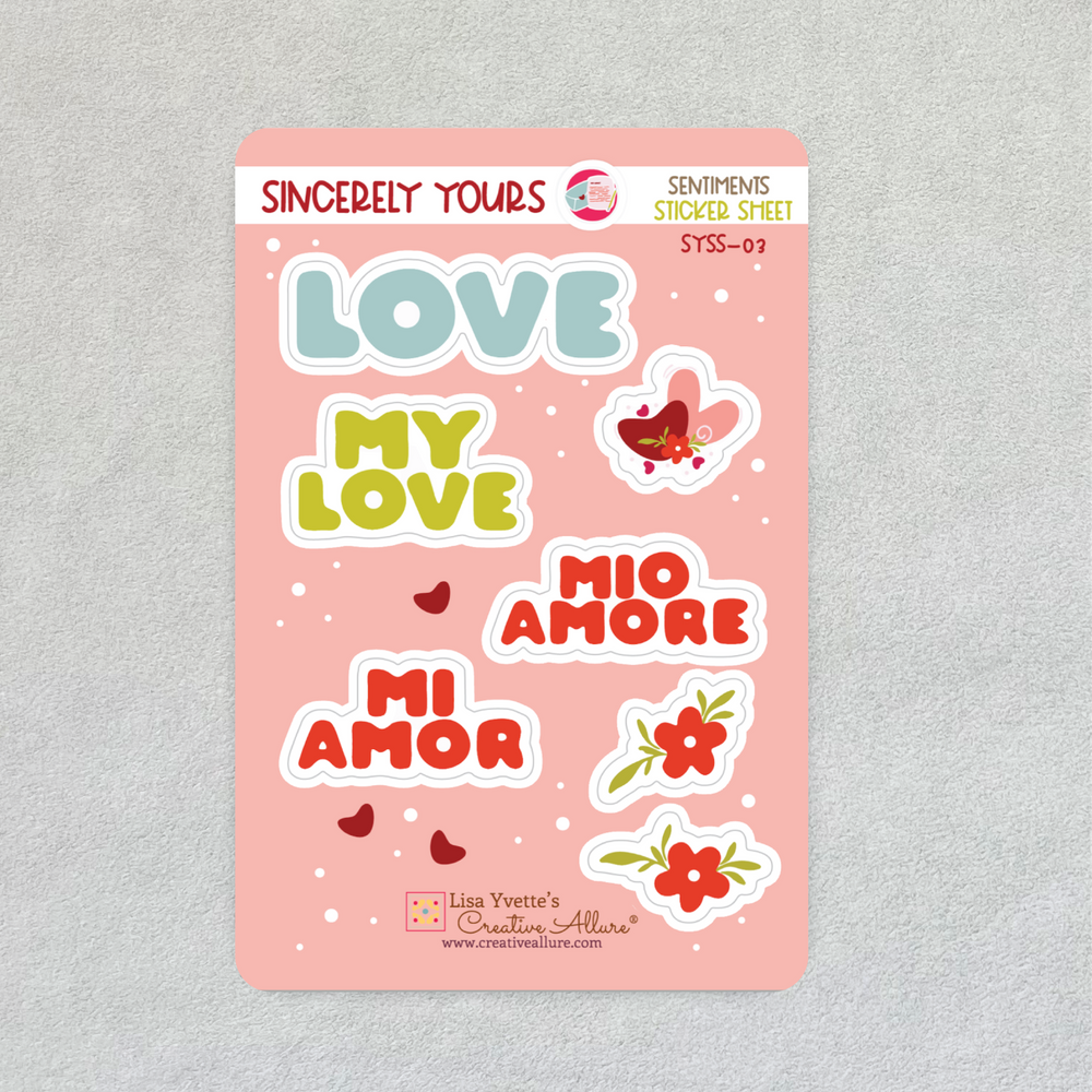 Sincerely Yours love sentiment sticker sheet with romantic phrases and floral accents. Perfect for scrapbooking, journaling, card making, and Valentine’s Day crafts. Handmade by Creative Allure.