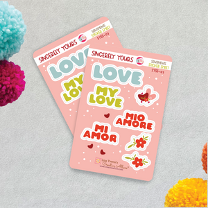 Flat lay of two Sincerely Yours sentiment sticker sheets with romantic words and cute floral stickers on a pink background. Great for bullet journals, love letters, and Valentine’s crafts. Designed by Creative Allure.