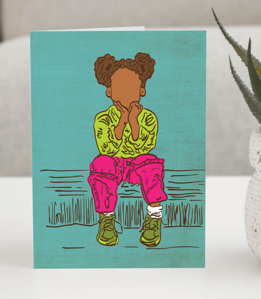 Greeting Card of a little girl sitting and thinking.