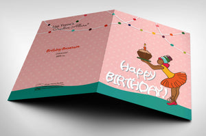 Birthday card, illustration of a girl holding a cupcake with a lit candle on top. Flat open View