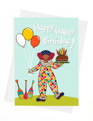 Birthday card of clown holding a cake, by creative allure.