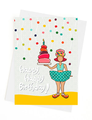 Birthday Card, girl hold a tiered cake with a lit candle. Flatlay vietw