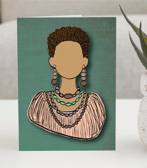 Elegant greeting card featuring an illustrated woman with a textured updo hairstyle, wearing statement beaded earrings and layered necklaces in earthy tones. 