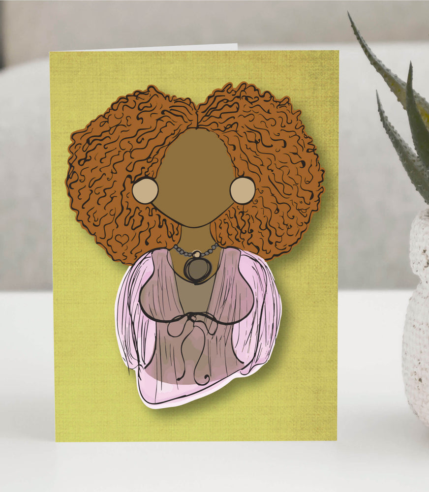 Elegant greeting card featuring an illustrated woman with voluminous curly hair, large circular earrings, and a flowing sheer pink blouse tied at the neckline. 